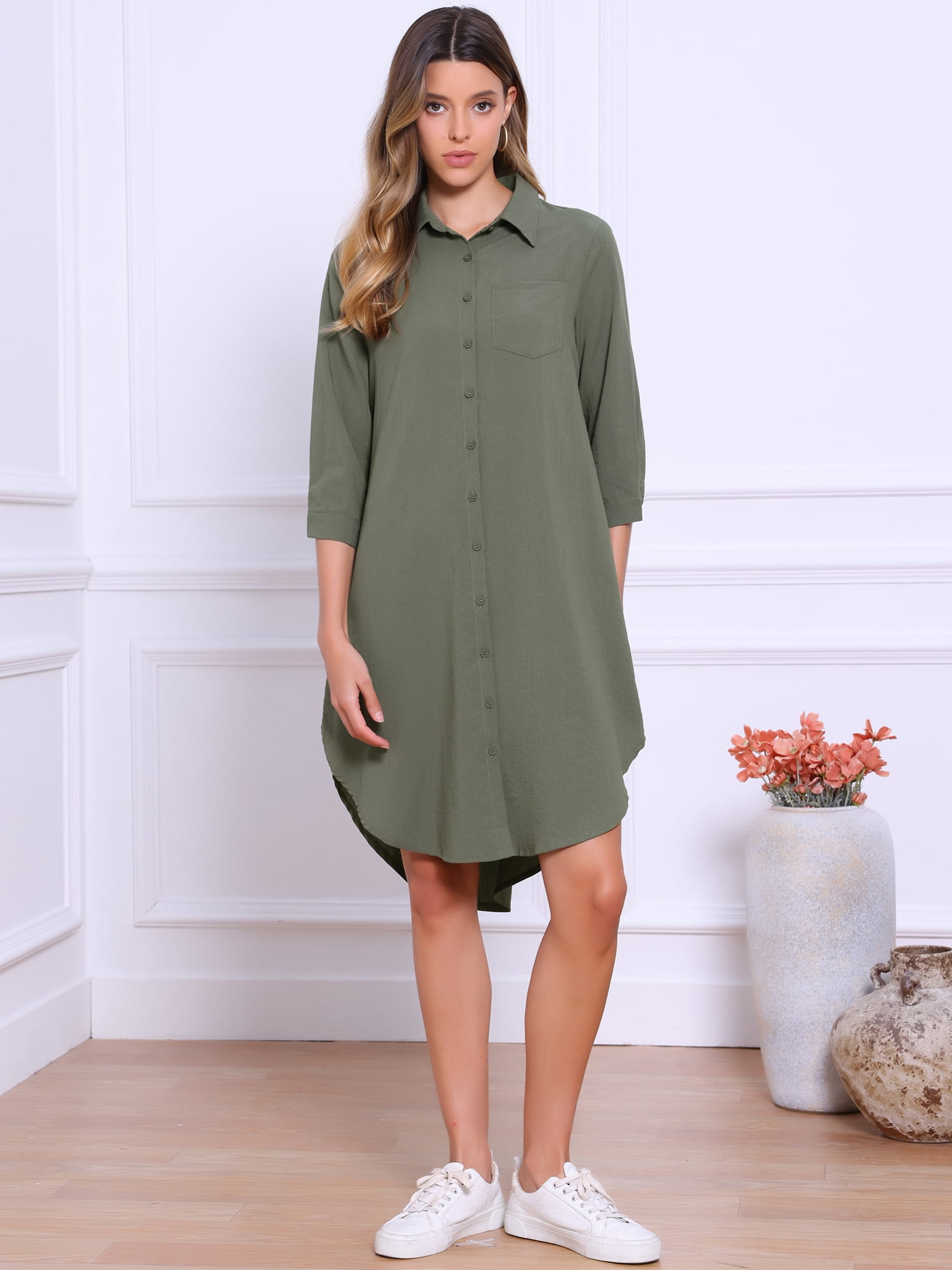 DARING DIVA Button Down Shirt Collar 3/4 Sleeve Shirts Dress XS Army Green
