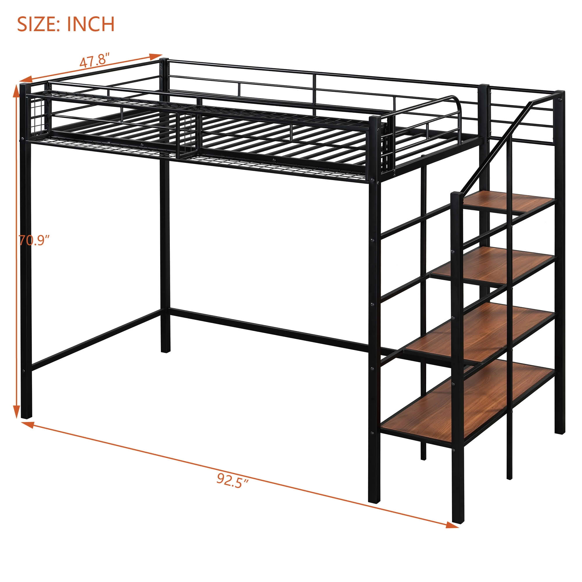 MAYEERTY Chrome Finish Metal Loft Bed with 4-Tier Ladder Shelves and Top Storage Grid, Sturdy Space-Saving Bed Frame No Box Spring Required