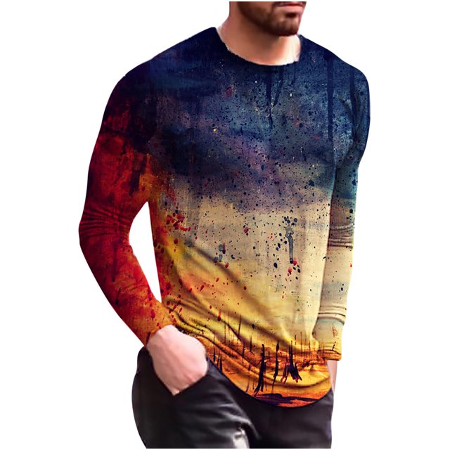 ICHUANYI Clearance Men's Long Sleeve Round Neck Print Color Fashion Casual T-Shirt Long Sleeve Top(Orange, L) Ichuanyi Ichuanyi