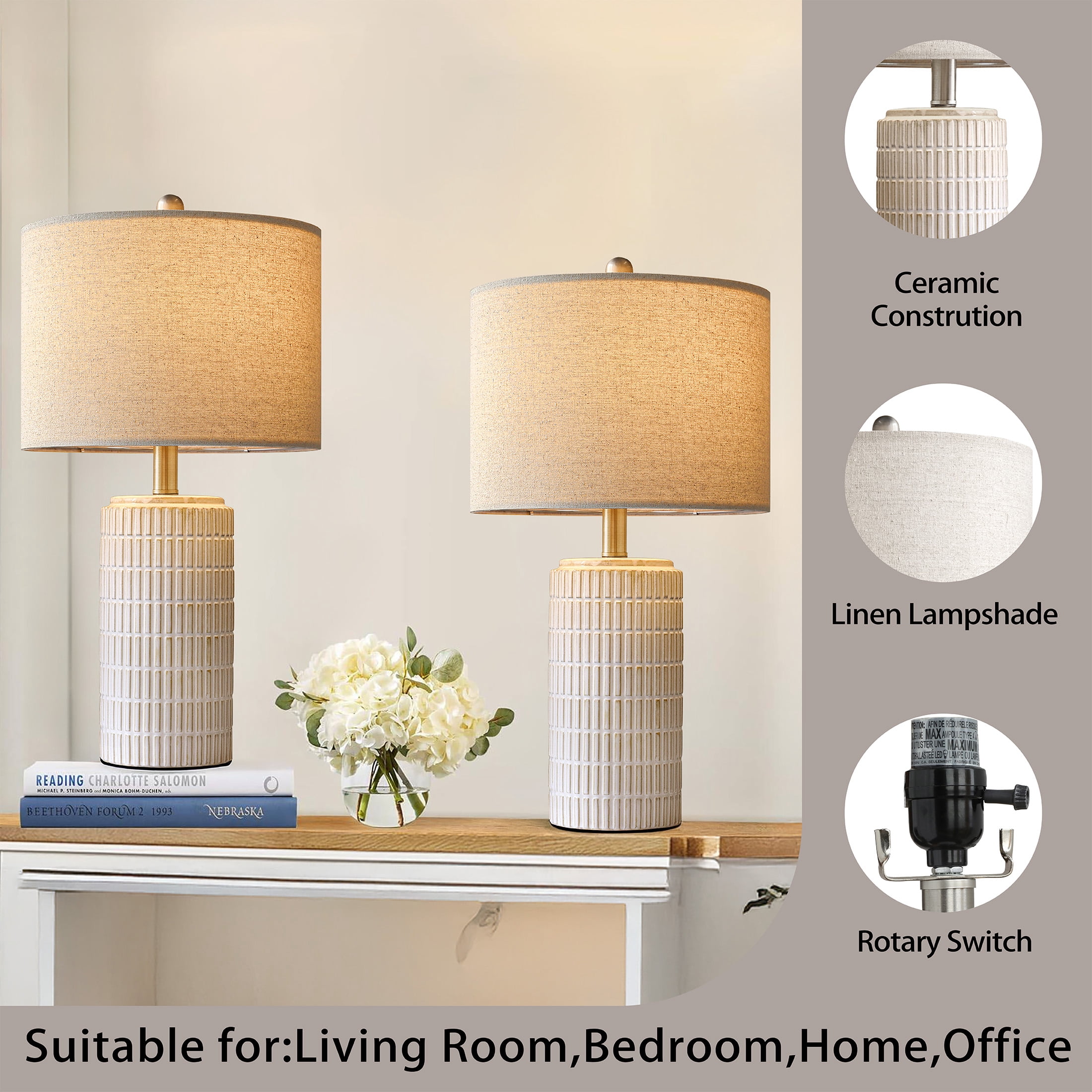 Oneach White Ceramic Table Lamps Set of 2 for Living Room Bedroom 23" Rustic Bedside Nightstand Lamps with Linen Lamp Shades