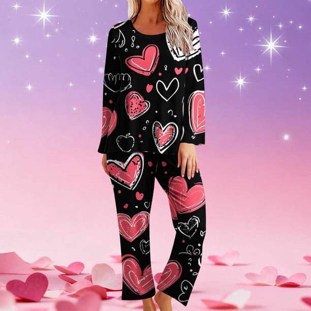 RKSTN Valentine's Gifts Pajamas Set for Women Oversized Crewneck Valentine's Day Loves Heart Graphic Printed Loungewear Matching Set Womens Casual Loose Long Sleeve T Shirt and Pjs Pant 2 Piece Set