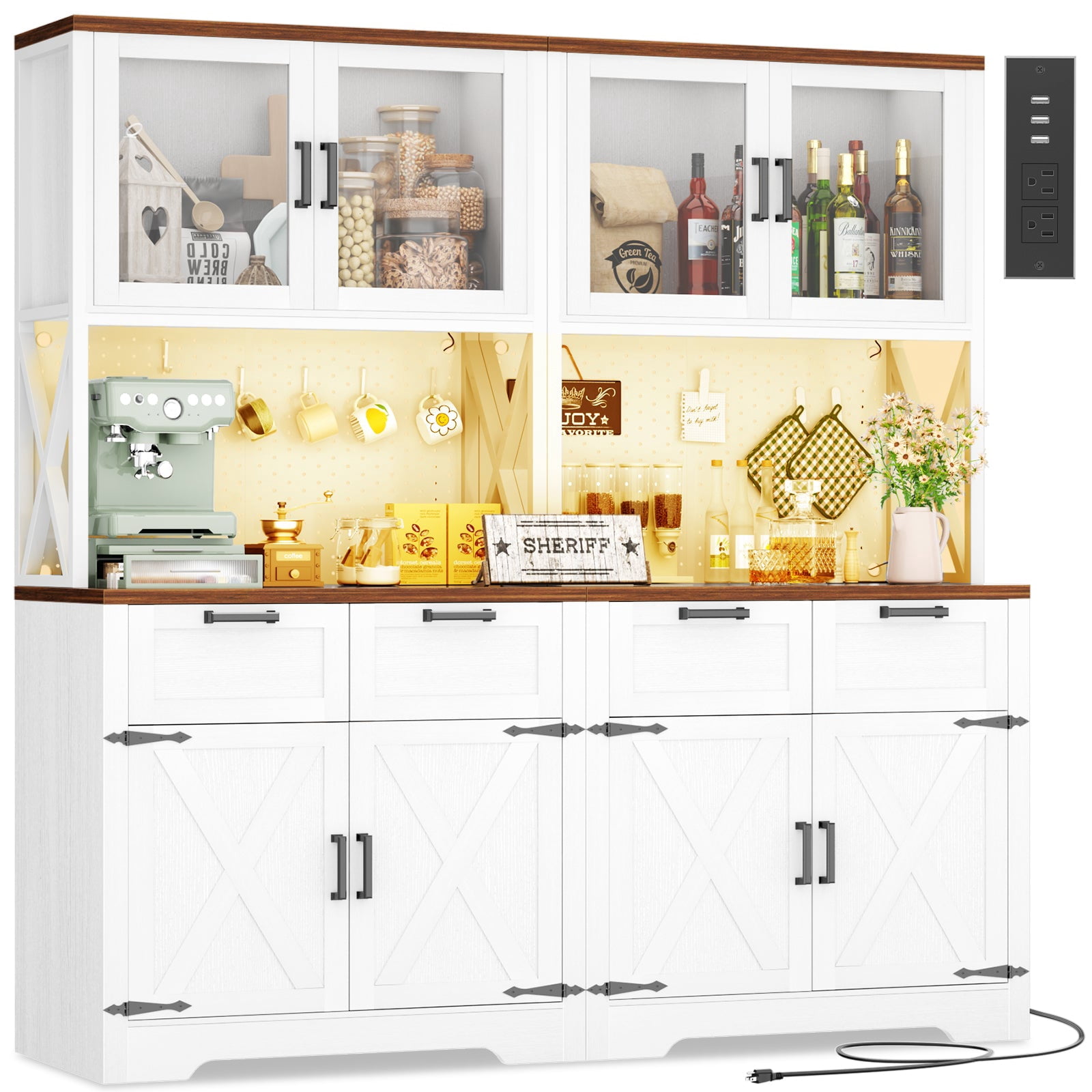 Homieasy 71'' Tall Kitchen Pantry Storage Cabinet with LED Light & Outlet, Kitchen Hutch Cabinet with Large Countertop, DIY Pegboard and Drawers, Farmhouse Food Pantry, White & Brown 2 Pack