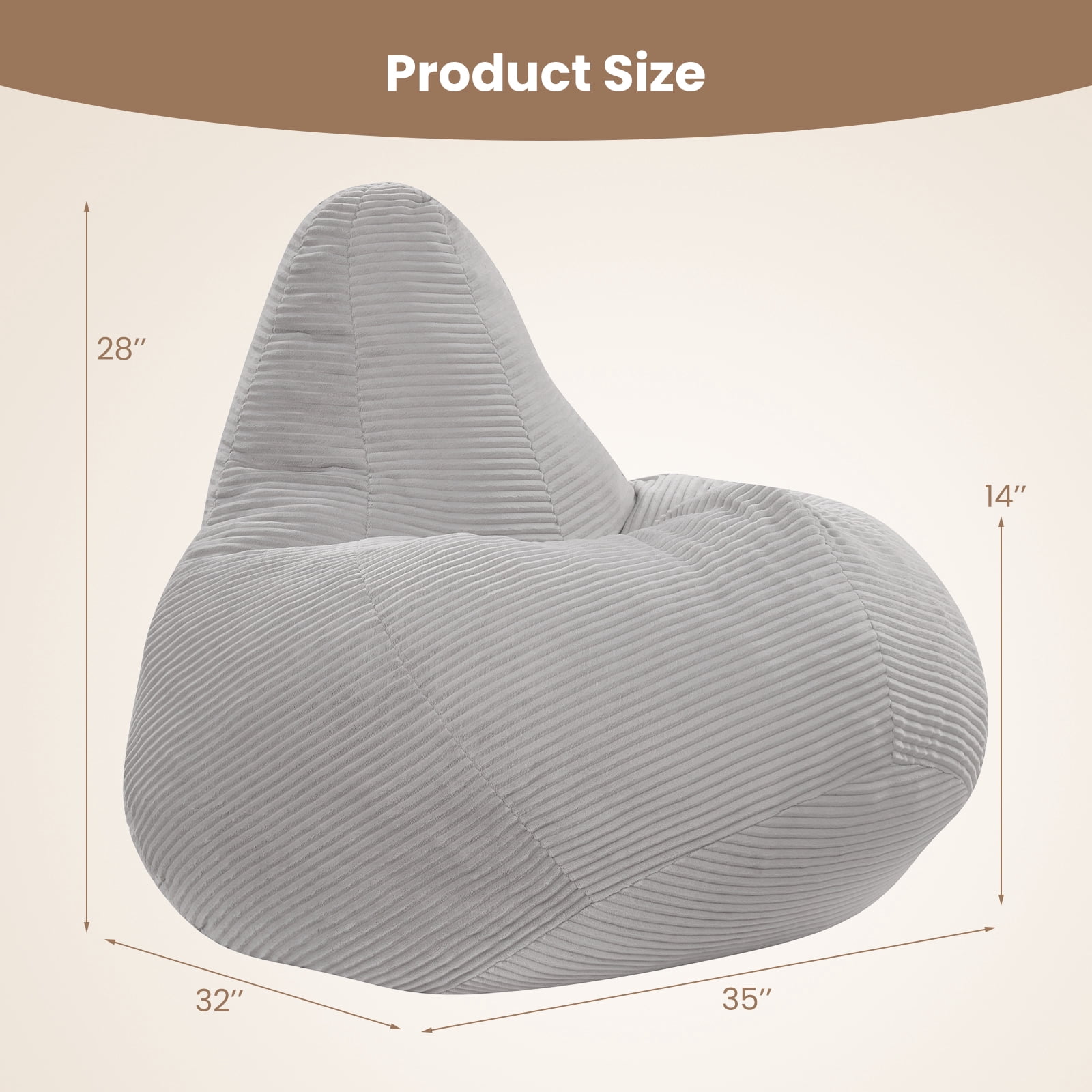 Costway Bean Bag Chair for Adults with Skin-friendly Corduroy Cover & Soft Sponge Filling Light Gray