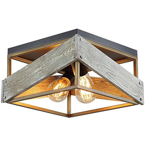 Modern Farmhouse Flush Mount Light Fixture Two Metal And Wood Square Ceiling For Hallway Living Room Bedroom Kitchen Entryway Antique Gold Black Com - Modern Farmhouse Living Room Ceiling Light