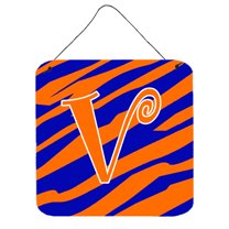 Letter V Initial  Tiger Stripe Blue and Orange Wall or Door Hanging Prints