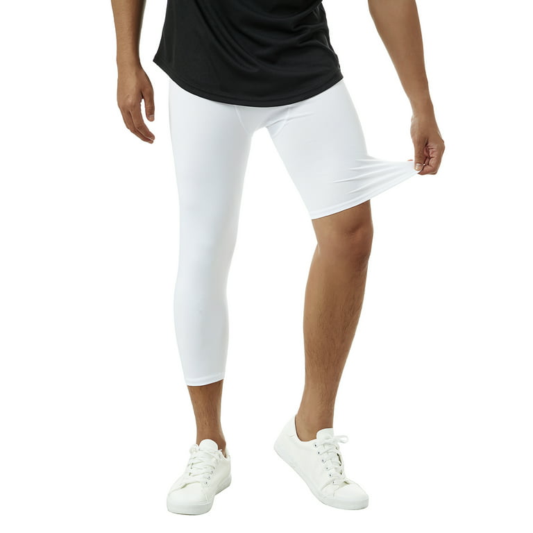 CenturyX Men One Leg Compression Pants 3/4 Capri Tights Athletic Basketball  Leggings Workout Base Layer Underwear White 2 L 