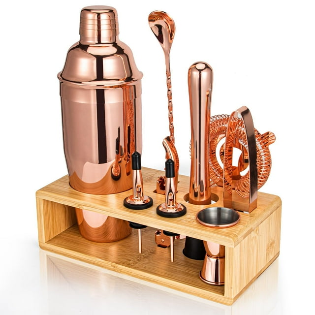 Set de Coctelería Semderm Oro Rosa con Soporte de Bambú de 10 Piezas