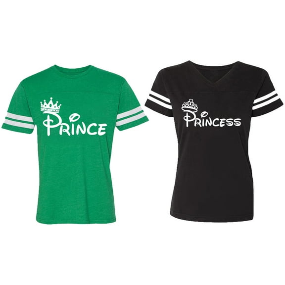 Fashion Prince Princess Matching Couple Cotton Jerseys (Men Green / Women Black) (Men S / Women S)