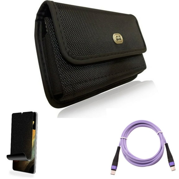 Purple 10ft PD Cable & Case Belt Clip & Privacy Screen Protector for Samsung Galaxy S22 Plus (S22 ) - Combo Type-C to USB-C Fast Charger Cord Extra Long & Rugged Holster & TPU Film (Fingerprint Works)