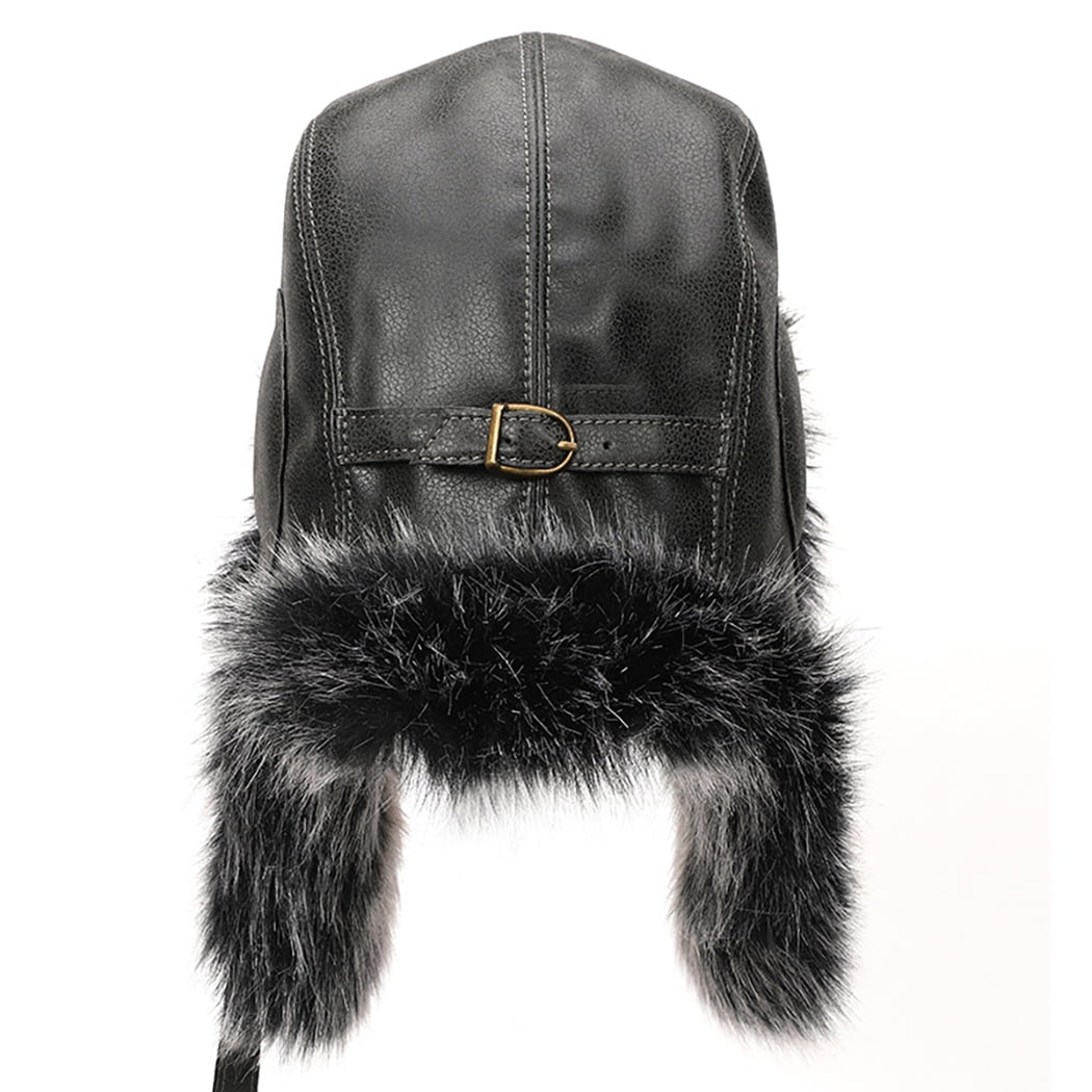 Mo Brand Ear Flap Hat Warm Classic Faux Leather Trooper Cap Trapper Hat For Men Women Black