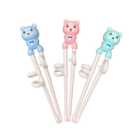 THY Collectibles Pack of Bear Shaped Reusable Training Chopsticks for Beginners, Chopstick Learning Helper Utensils with Thumb Ring and Nonslip Silicone Rings - Blue, Pink, and Teal (Set of 3)