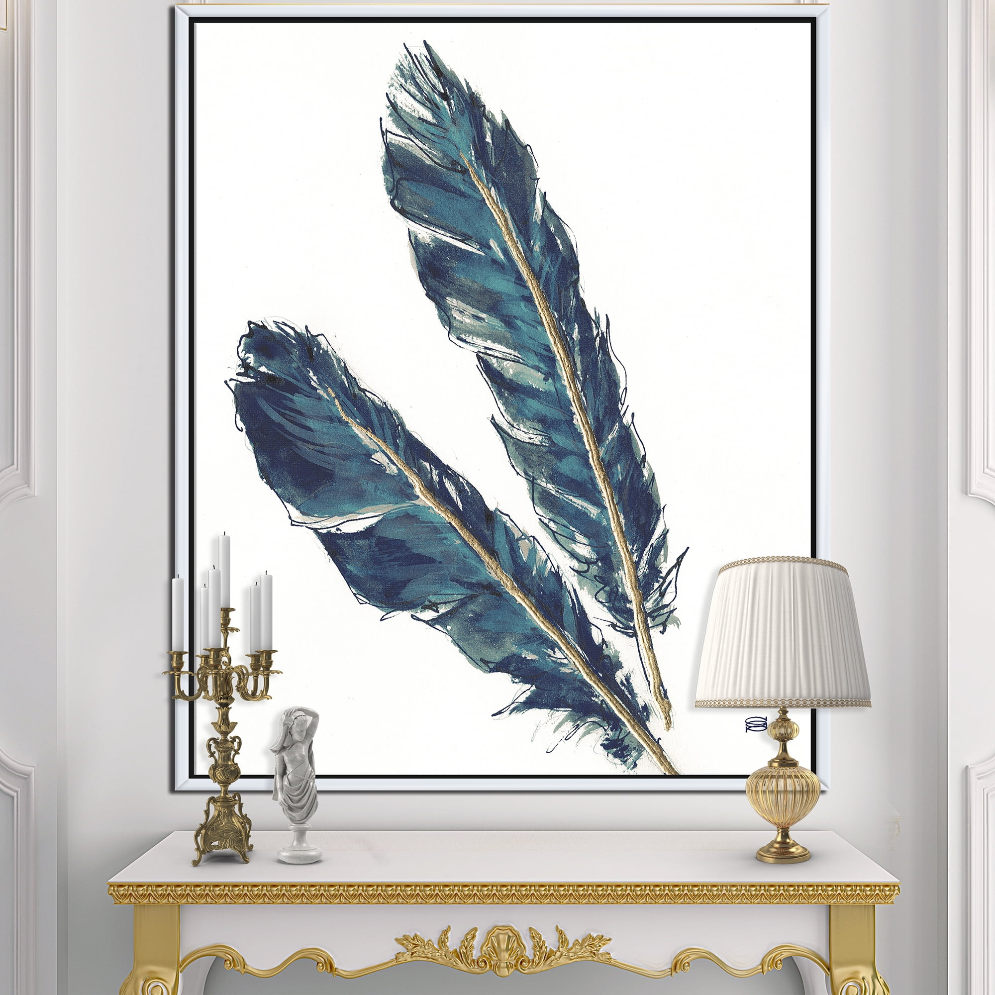 Designart ' Gold Indigo Feathers III ' Modern Bohemian Framed Canvas