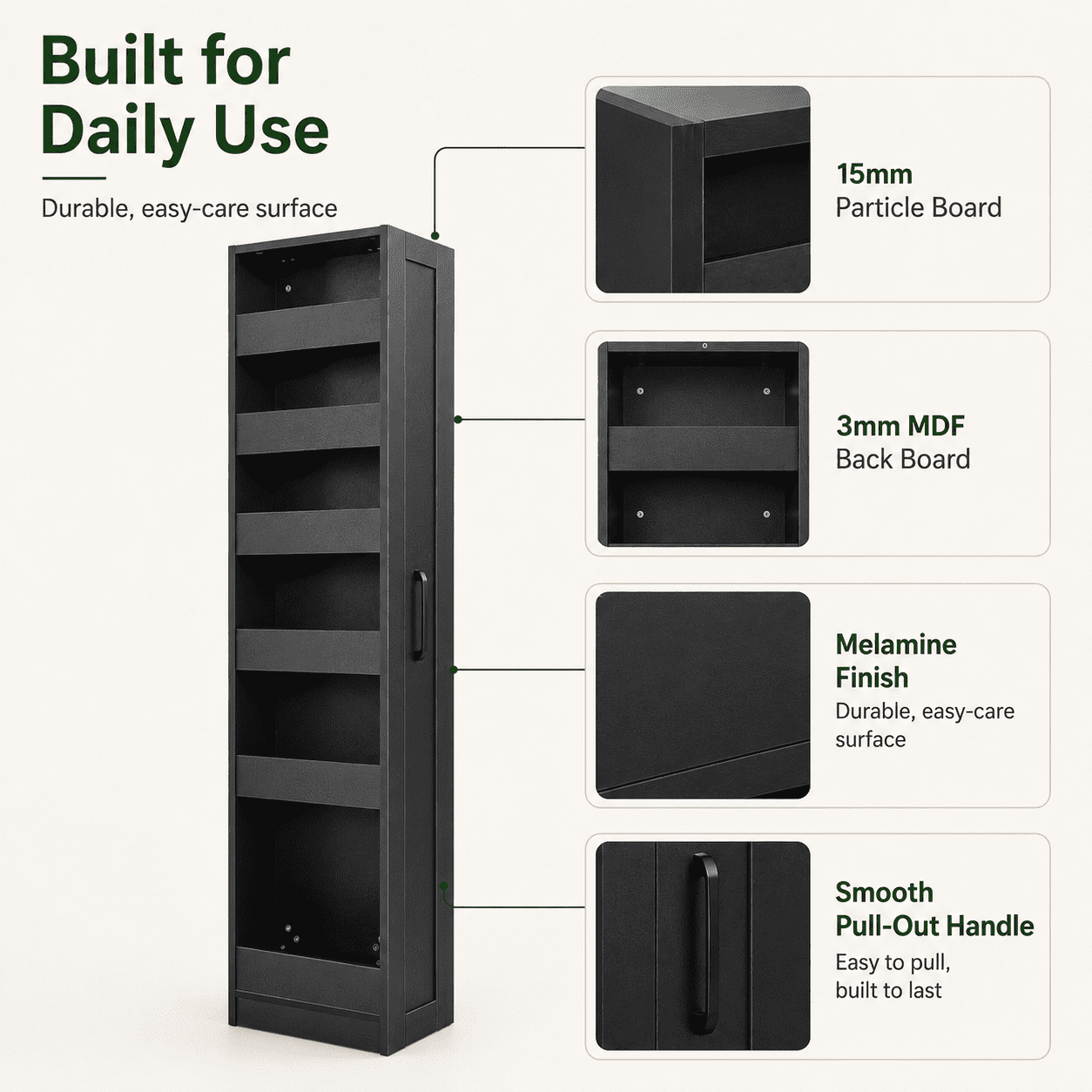 Aukfa 7-Tier Slim Rolling Pantry Cabinet, 68.3" Narrow Pull-Out Kitchen Storage Cart with Handle and Casters,Black