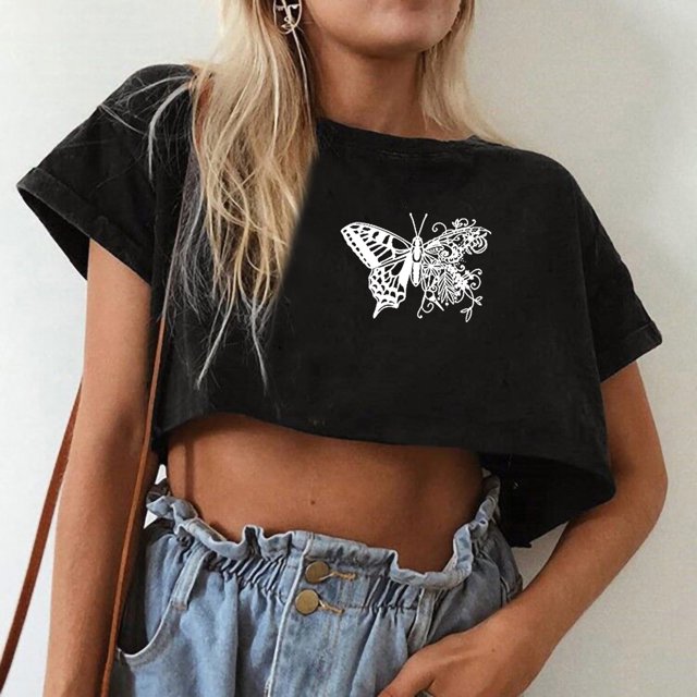 Puntoco Mujeres tops Moda Mariposa Impreso Cintura alta Crop Manga corta Blusa gótica Puntoco Puntoco-3
