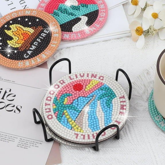 6 Pcs Diamond Art Painting Coasters with Holder, DIY Cup Coasters Diamond Art Kits - Diamond Art Painting Kits for Adults Kids - Wooden Coasters for Car Home Office (Landscape)