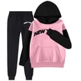 thumbnail image 5 of DHFJKG 2 Piece Suit Girls' Autumn And Winter Letter Printed Pocket Round Neck Long Sleeved Pants Hooded Color Block Sweatshirt Set Holiday Outfit, 5 of 6