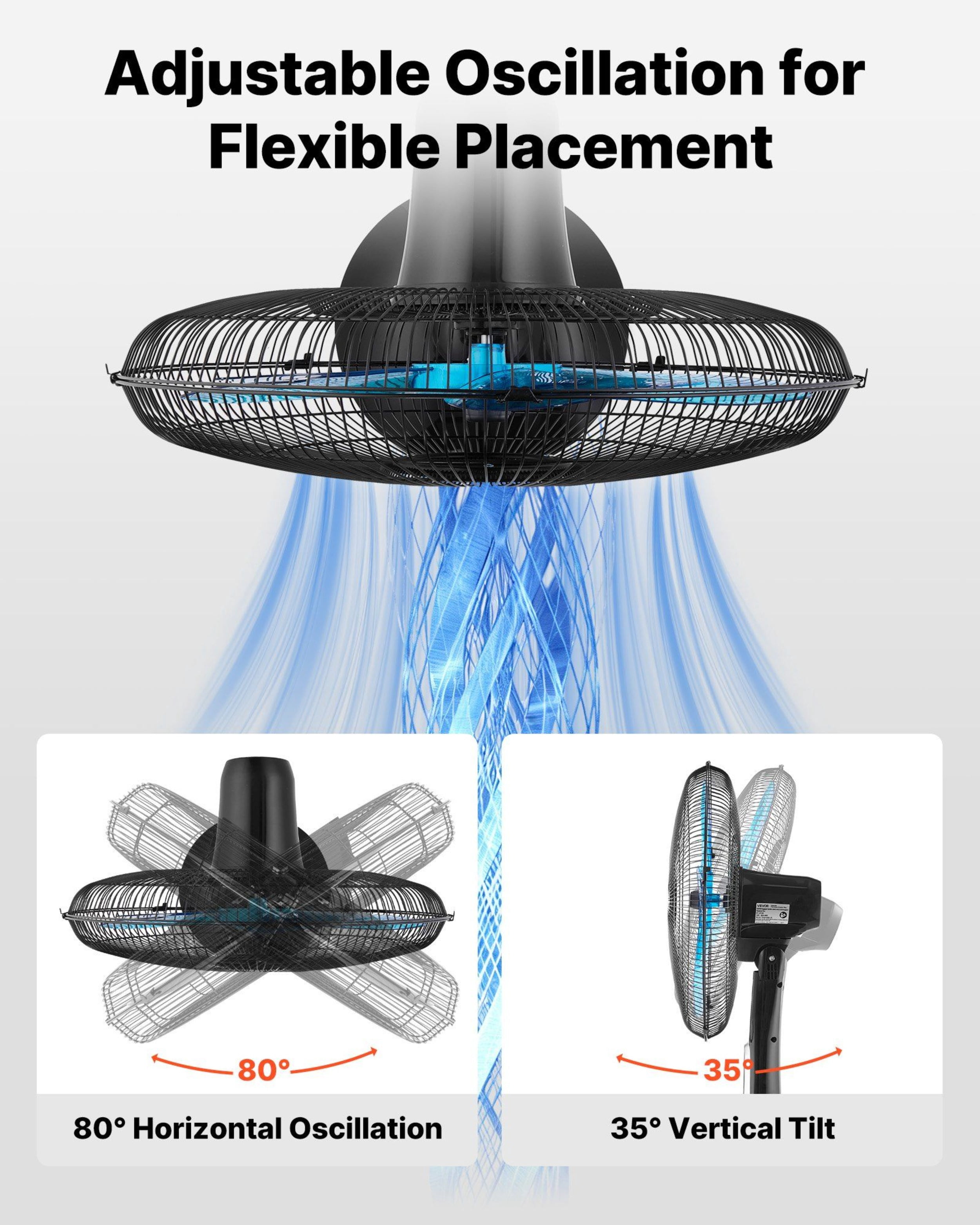 Black Silent Fan, with Remote Control, 9 Speed Settings and 3 Modes, Adjustable Height By Swaying, Silent DC Motor,