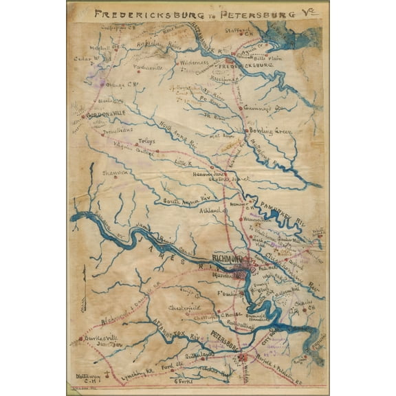 24"x36" Gallery Poster, map Fredericksburg to Petersburg virginia 1861