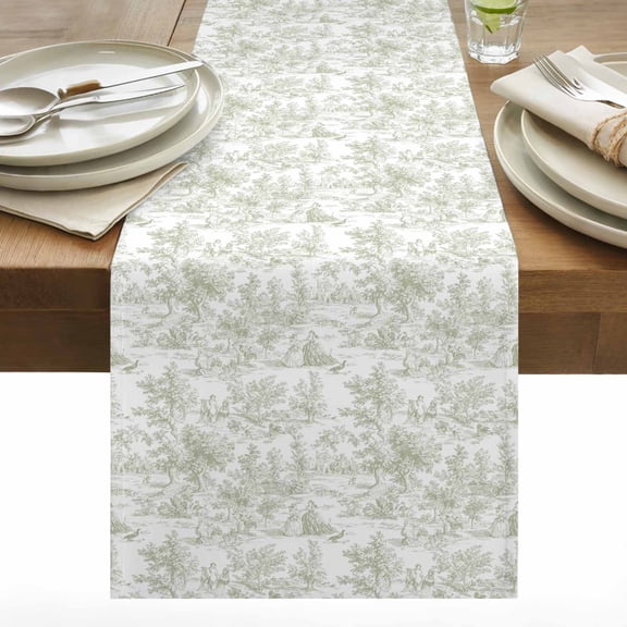 Sage Green Table Runner 13x108 inch Cycling Pattern Cotton Linen Dining Table Runner Ideal for Dresser Kitchen Coffee Tables - Machine Washable