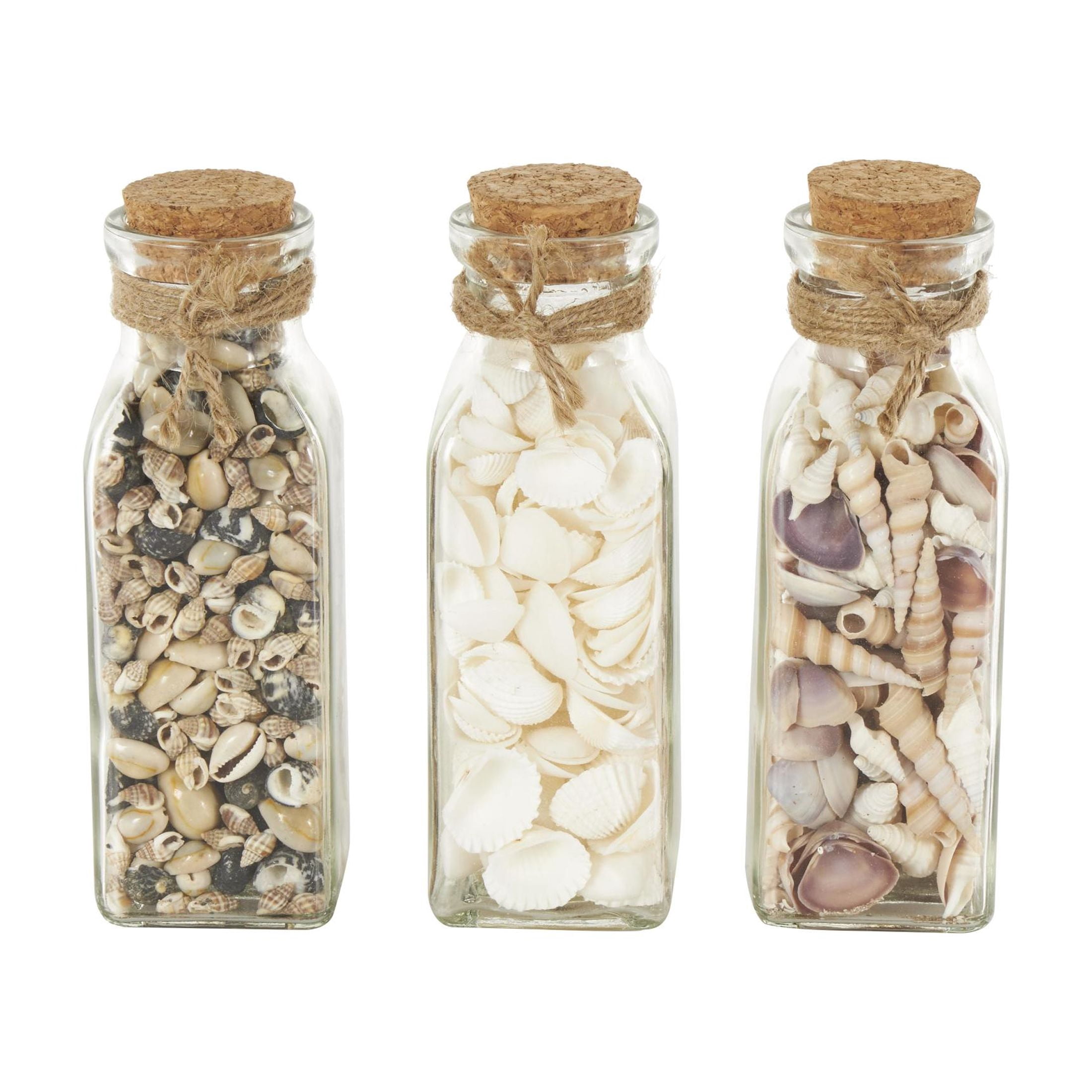 DecMode Clear 3" Glass Orbs & Vase Filler with Seashells and Jute Rope Accents (3 Count)