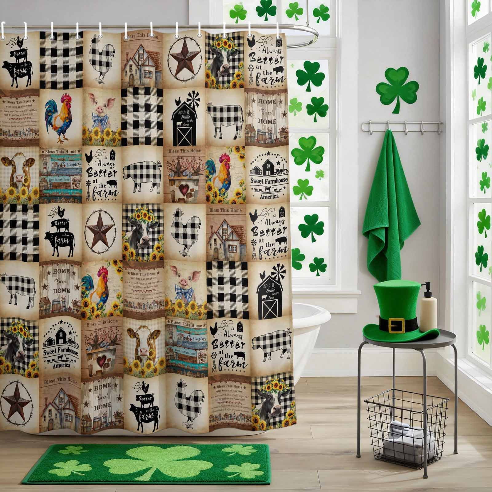 Vintage Rustic Farmhouse Plaid Shower Curtain Set with Hooks, Farm Animals Barn Stars Waterproof Fabric Bathroom Curtains Decor Home Accessories,72X 96 Inch Extra Long