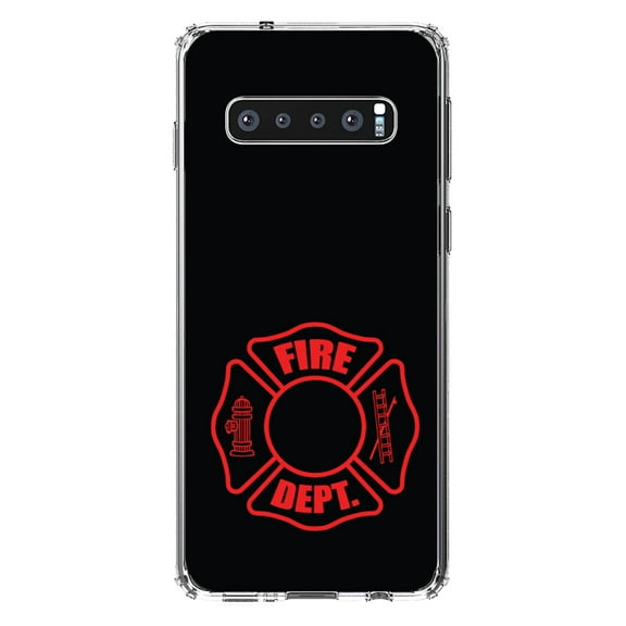 DistinctInk Clear Shockproof Hybrid Case for Samsung Galaxy S10 (6.1" Screen) - TPU Bumper, Acrylic Back, Tempered Glass Screen Protector - Red Fire Department Maltese Cross - First Responders