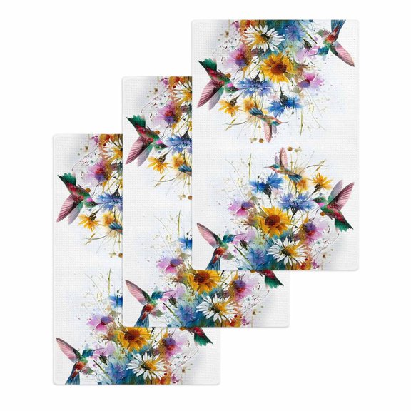 Hummingbird Kitchen Dish Towels for Drying Dishes Set of 3, Spring Farmhouse Oil Painting Sunflowers Waffle Weave Microfiber Hand Tea Bathroom Towels Quick Dry & Absorbent Towel 15.7x23.6