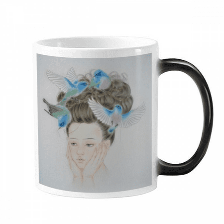 

Pretty Girl Blue Bird Chinese Painting Morphing Heat Sensitive Changing Color Mug Cup Milk Coffee With Handles 350 ml