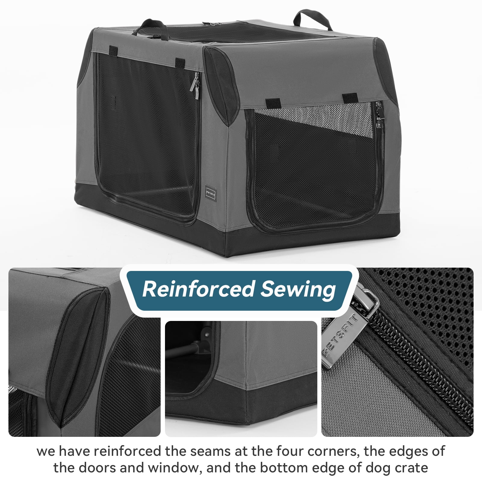 Petsfit Portable Dog Crate, Adjustable Fabric Cover by Spiral Iron Pipe, Strengthen Sewing Collapsible Dog Crate 3 Door Design (30" x 20" x 19", Gray)