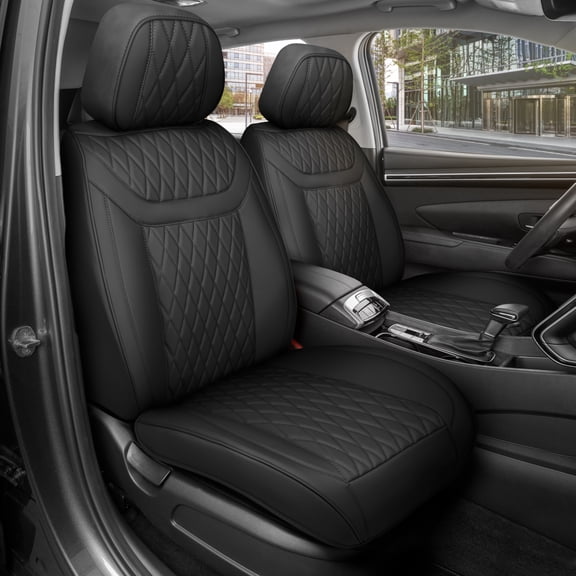 MotorBox Car Seat Covers - Ranch Leatherette Faux Leather Black Seat Covers for Car - Diamond Stitched Cushioned Interior Protectors for Automotive Accessories, Trucks, SUV, Cars - Two Front Covers