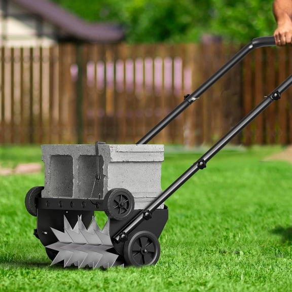 18-Inch Lawn Aerator,Heavy Duty Push Spike Aerator with 4 Wheels,Aerator Lawn Tool with Steel Handle, Manual Aerator Lawn Tool with Foam Armrests, Suitable for Lawn, Garden and Yard