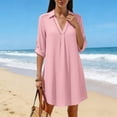 thumbnail image 6 of ClodeEU Women's Cotton Linen Lace Lapel V Neck Short Sleeve Shirt Dress,Casual Beach Cover Up Loose Dress Pink,Women's Plus XXL, 6 of 8
