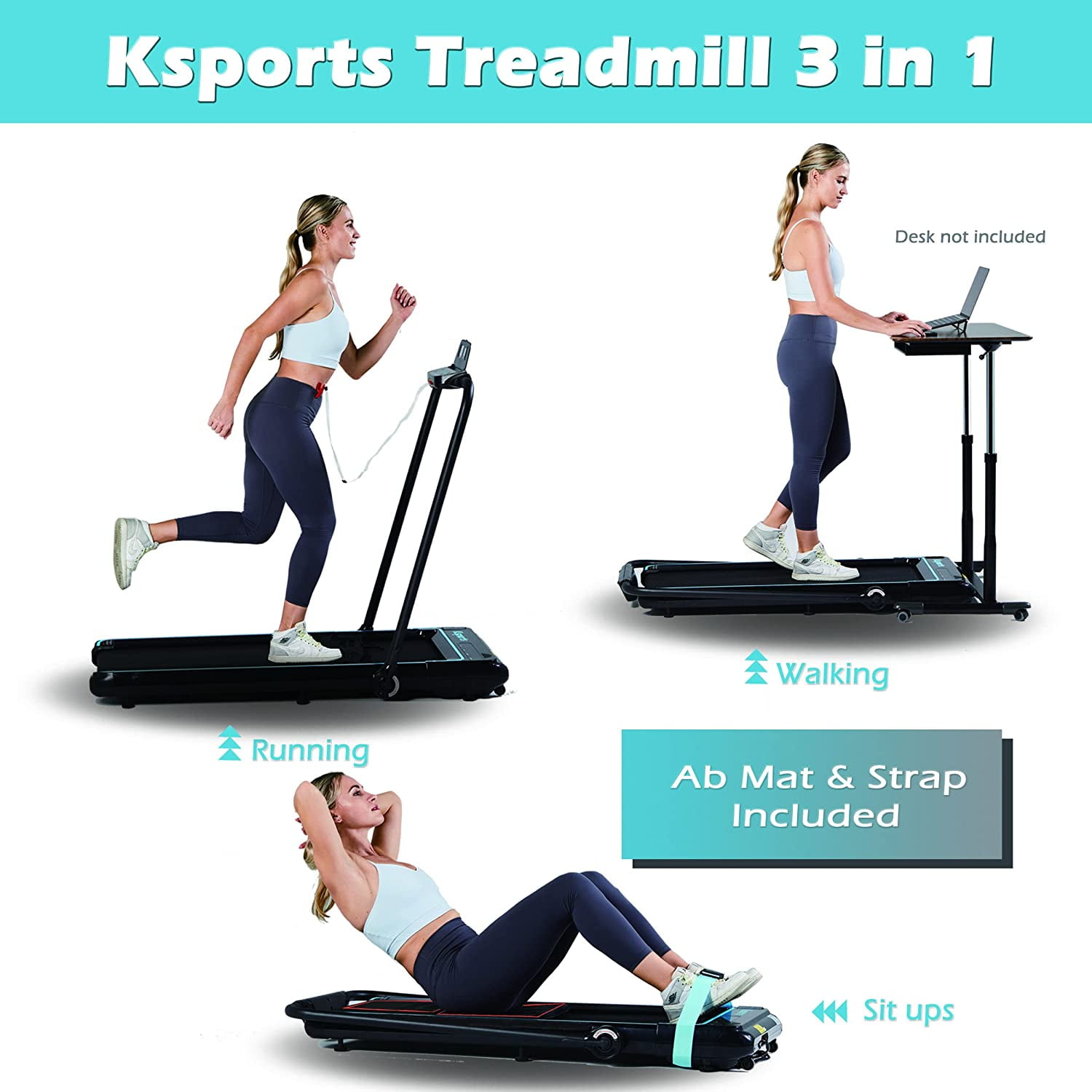 Ksports Foldable Home Treadmill, 2.5HP Under Desk Walking Pad, Black/Blue