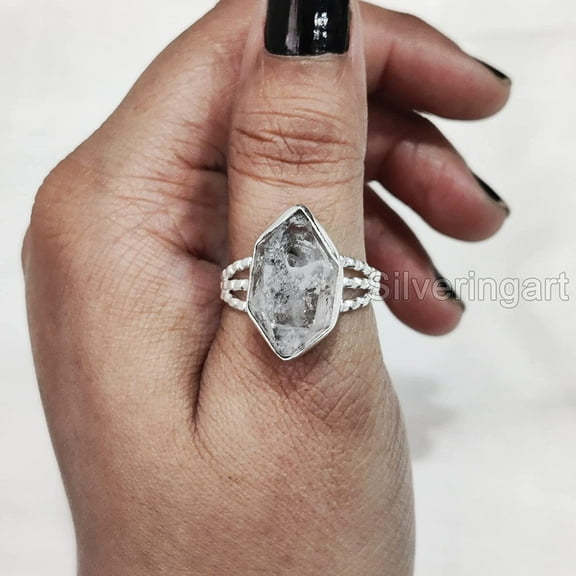 Natural Herkimer Diamond Ring, Rough Herkimer Diamond Ring, Birthstone, 3 Doted Band, 925 Sterling Silver, Womens Ring, Christmas, Thanksgiving, Handmade, Statement Jewelry, Rough Gemstone Jewelry
