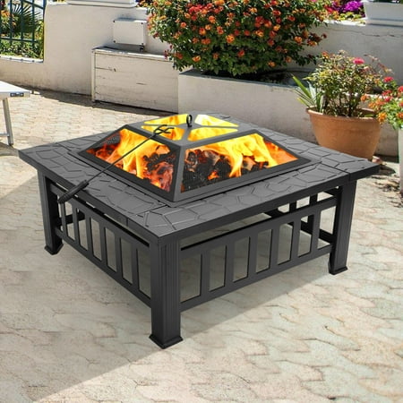 Wood Burning Fire Pit, 32" Square Metal Firepit Backyard ...