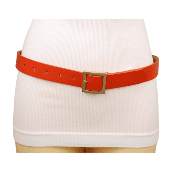 Women Orange Faux Leather Skinny Classic Belt Gold Metal Square Buckle S M