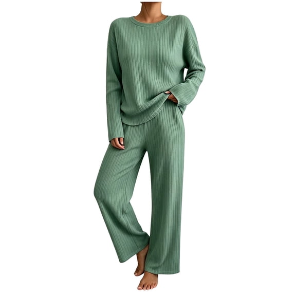 Admvng 2 Piece Outfit Set for Women Ribbed Knit Long Sleeve Top and Long Pants Casual Loungewear Coordinated Tracksuit