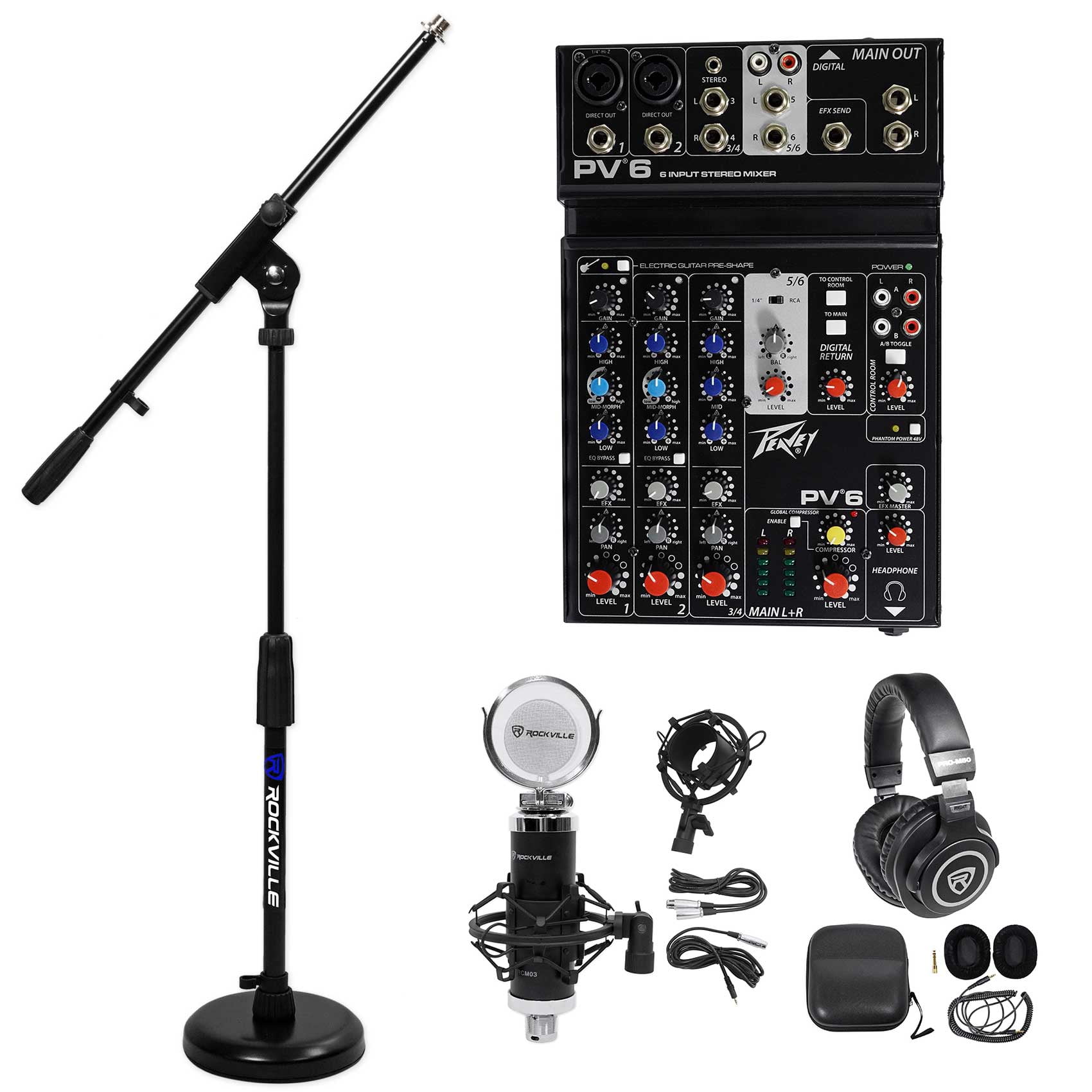 Podcasting Podcast Recording Bundle w/Peavey Mixer+Headphones+Mic+Stand