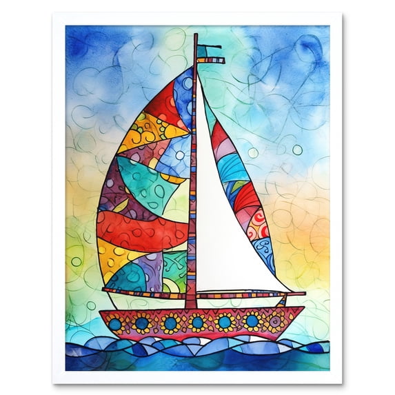 Sailboat With Flower Pattern Folk Art Art Print Framed Poster Wall Decor 12x16 inch