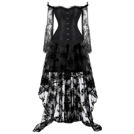 Fesfesfes Punk Skirt Cosplay Set for Women Gothic Shapewear Bustier Lingerie Corset Mesh Lace Underwear Set Tops on