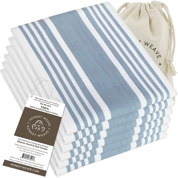 Honest Weave Gots Certified Organic Cotton Kitchen Hand And Dish Towel Sets Oversized 20x30 Inches Fully Hemmed In Designer Colors 6 Pack Dusty Blue Stripe Walmart Com Walmart Com