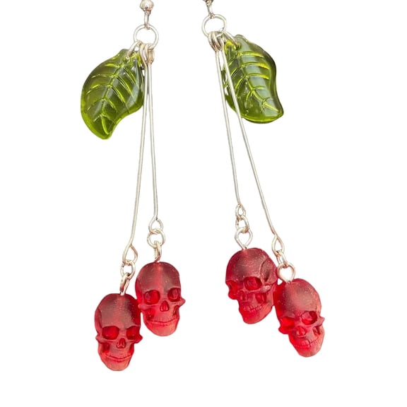 Fogun Gothic Skull Earrings for Women Fashion Pagan Witch Jewelry Accessories with Red Skull and Green Leaf Ear Hooks