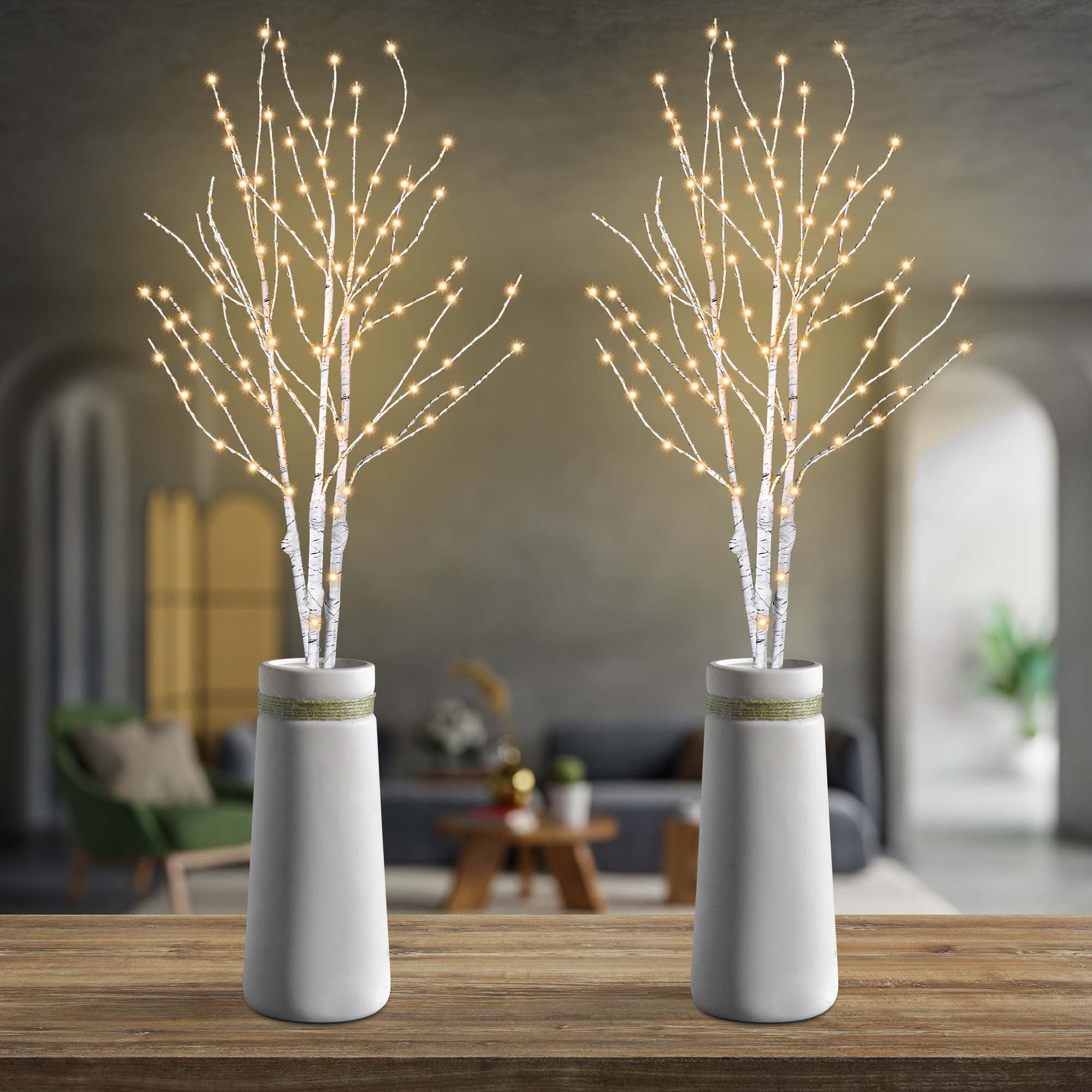 White Light for Outdoor and Indoor Use WED 26 Inch 60 Led Brown Wrapped Lighted Branch Stake 3 Pack Set