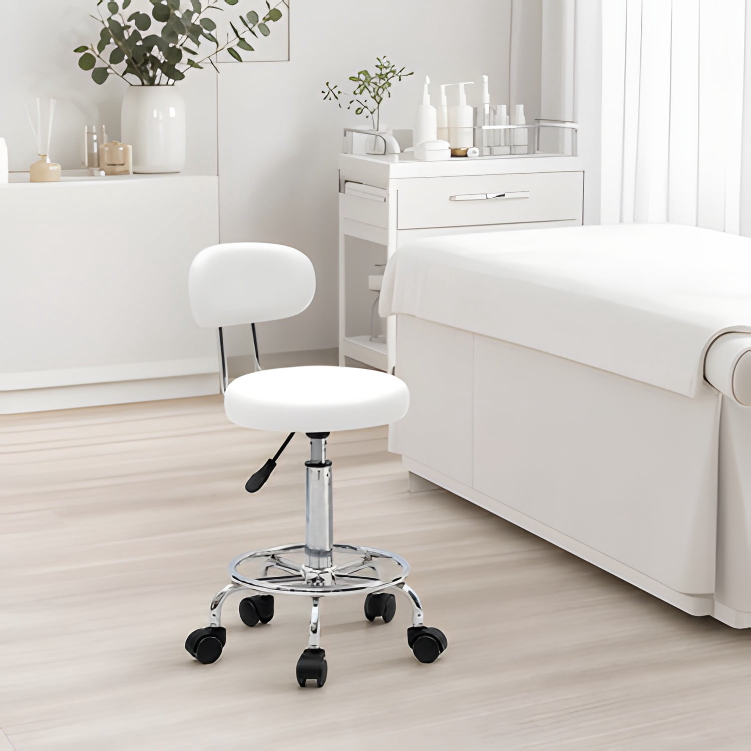Salon Stool Round Shape Adjustable with Back and Line, White