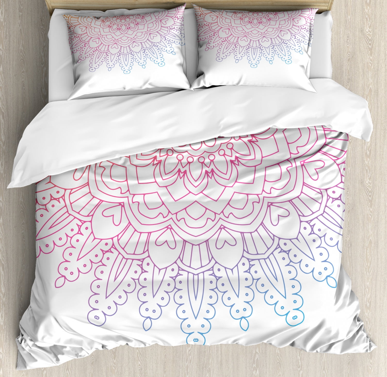 Rainbow Mandala Queen Size Duvet Cover Set, Outline Style Colorful