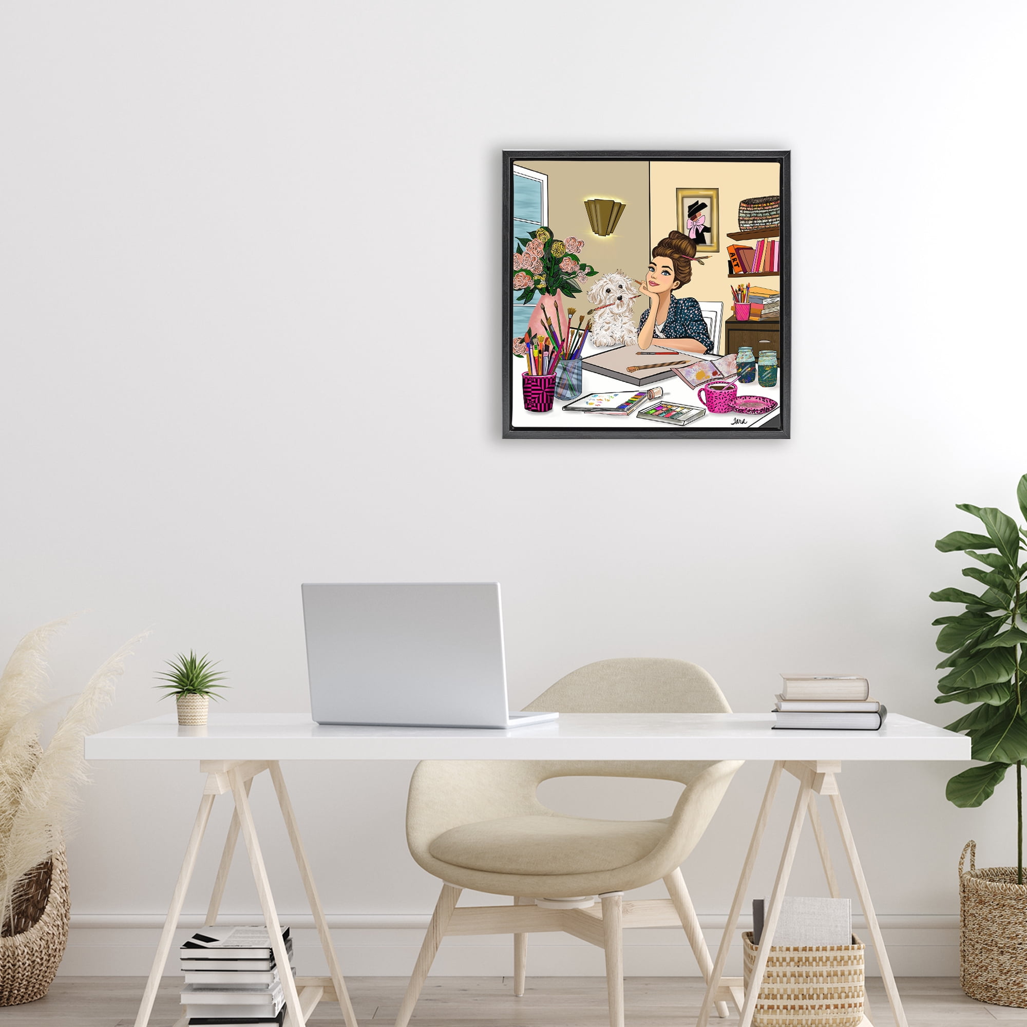 Stupell Industries Creative Art Girl at Desk Black Framed Floater Canvas Wall Art, design by Tara Boone