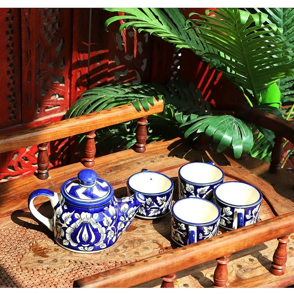 India Meets India Blue Ceramic Tea Pot Kettle 20 Oz & 4 Tea Cups Floral Handpainted Indian Handicraft Perfect Gift Pack