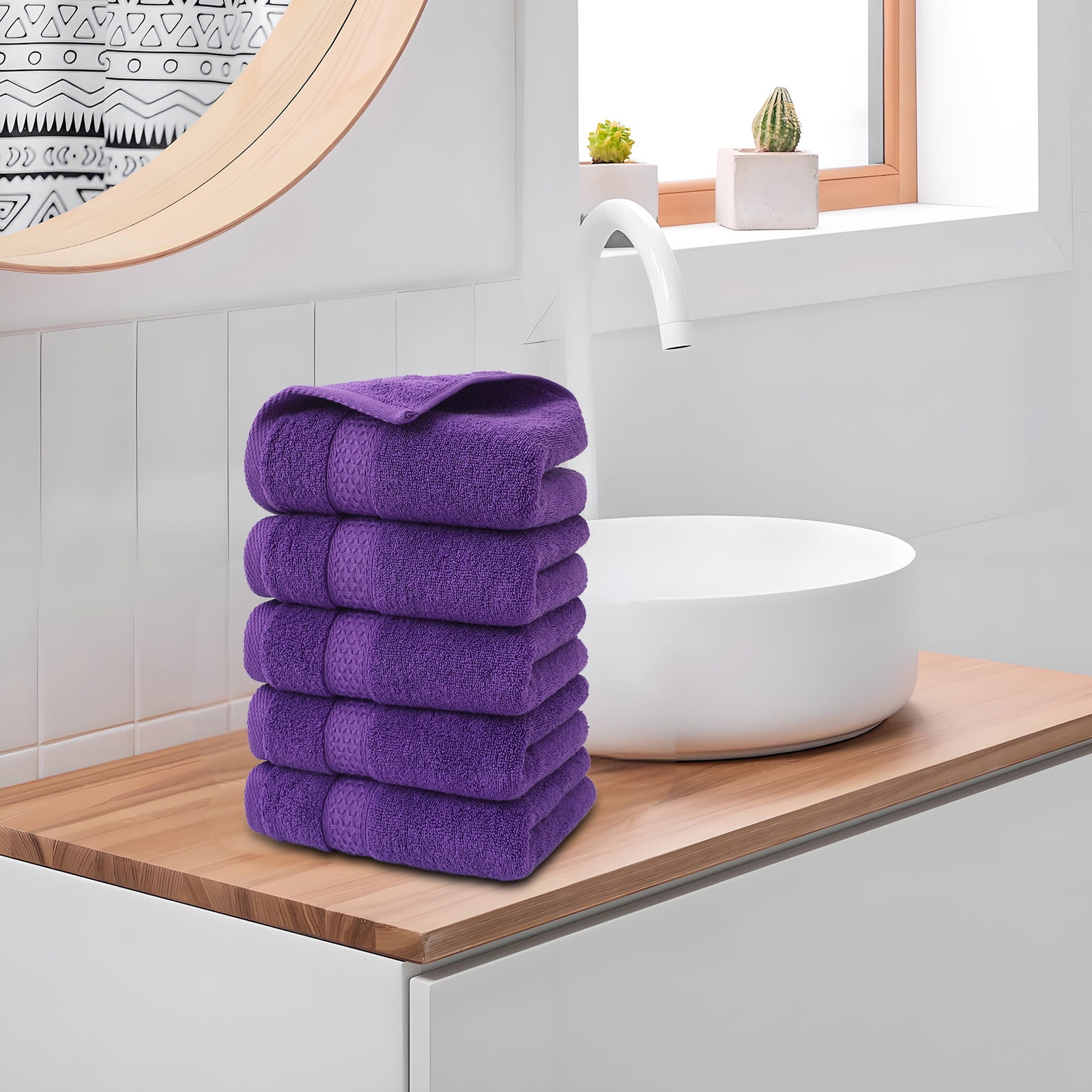 VOTRUDI Cotton Face Cloths 5-Pack, Soft & Absorbent Light Blue Towels with Broken Jacquard & Reinforced Edges for Bathroom/Travel/Gym