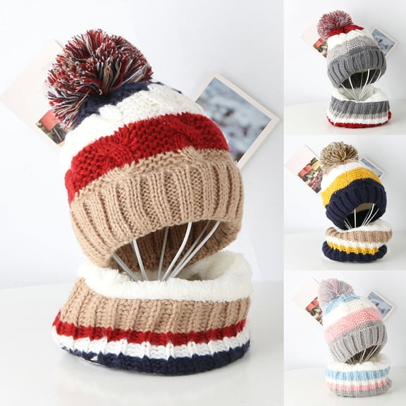 2Pcs/Set Knitted Baby Hat Scarf Set Winter Warm Boys Girls Beanie Fleece Lining Toddler Kids Hat with Pompom