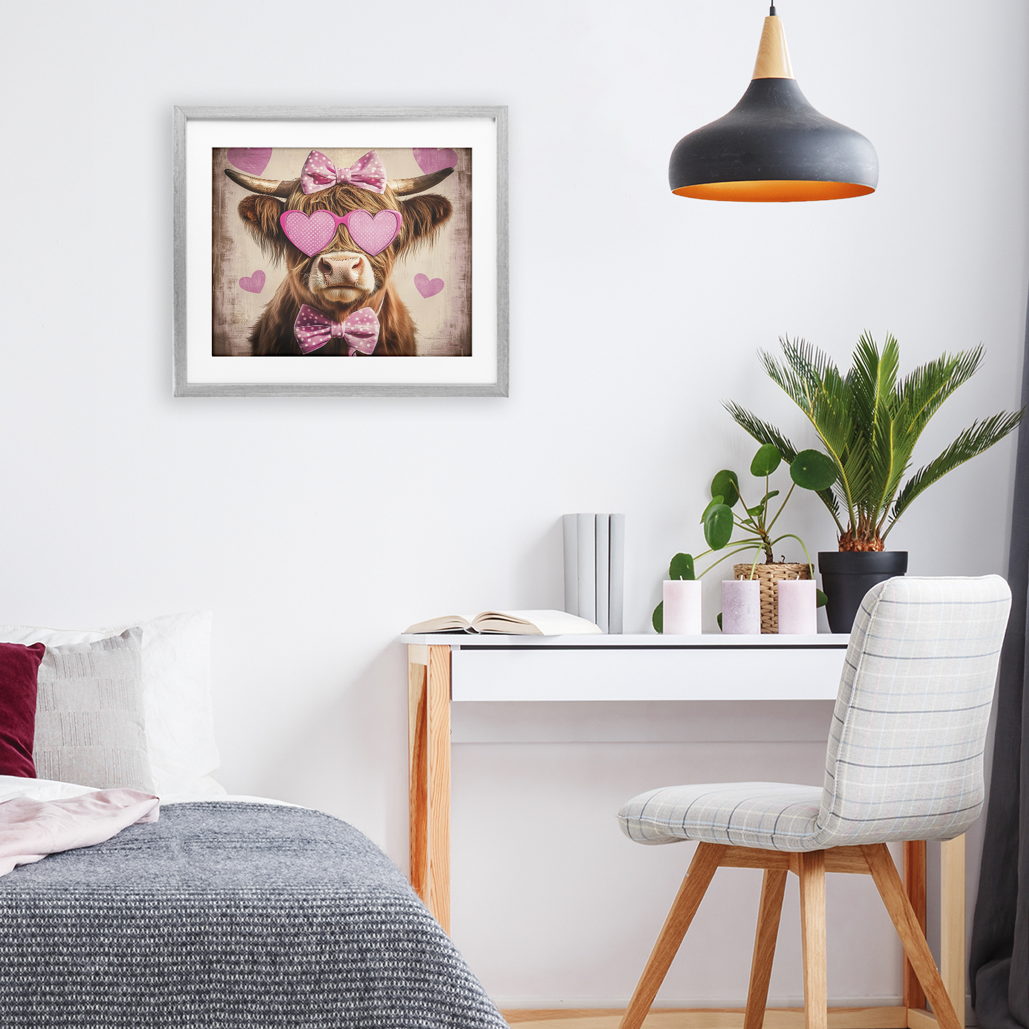 Cute Cattle Pink Hearts Gray Framed Print Under Glass, design by Shawna Stewart